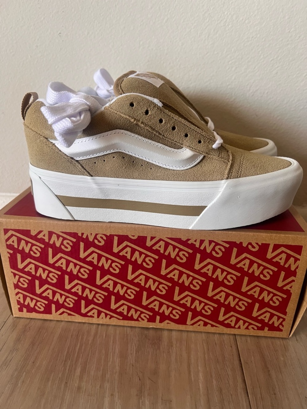 Vans Women’s Tan Suede Platform Old Skool Sneakers with White Stripe
